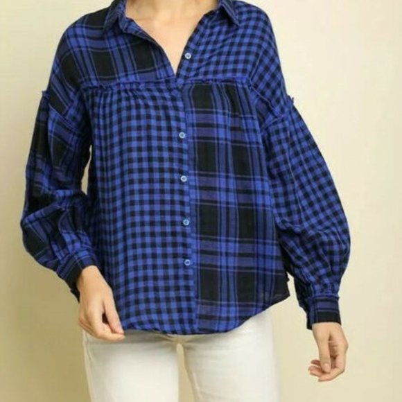 Blue Cotton Plaid Check Button Up Blouse S M L - Picture 1 of 10